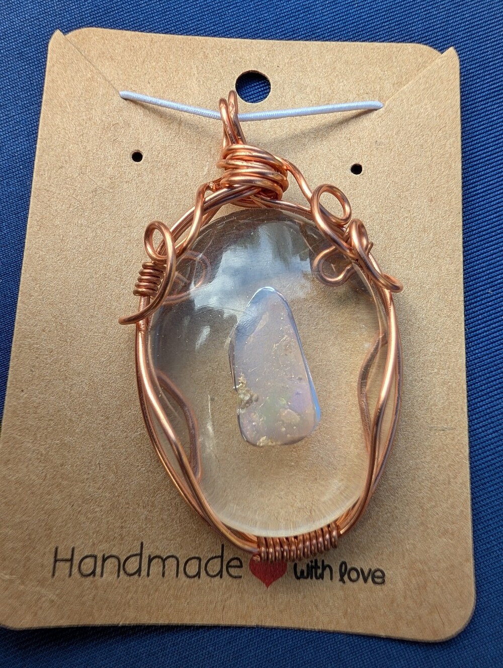 Handmade Copper Wire Ethiopian Opal In Epoxy Pendant Necklace - Clear/Opalescent